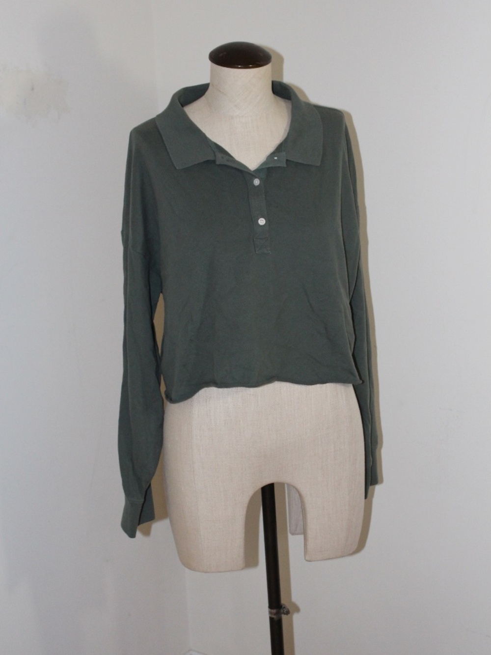 OffLine by Aerie Cropped Long-Sleeve Polo Top in Olive Green